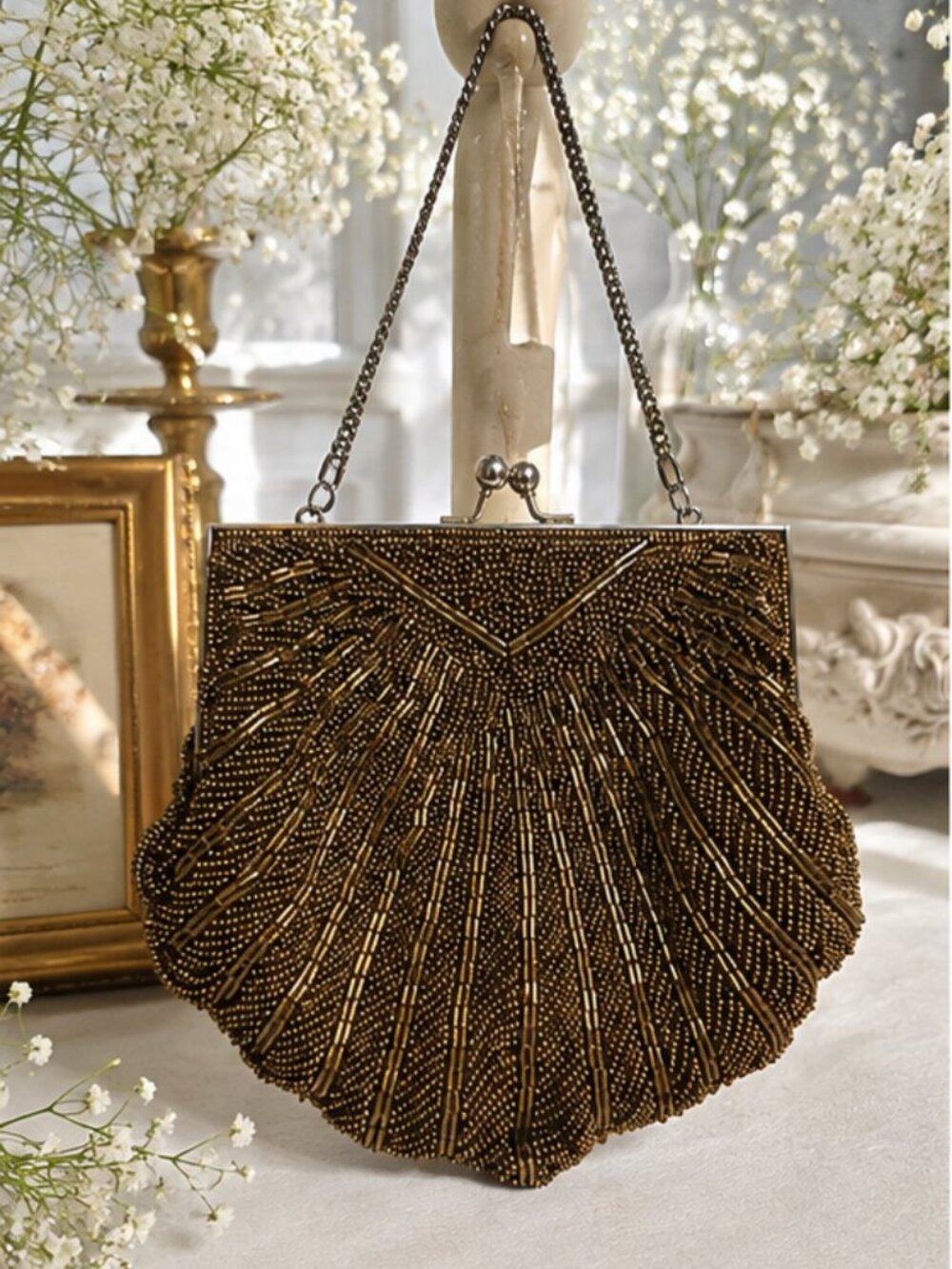 Vintage Bronze Hand-Beaded Wristlet